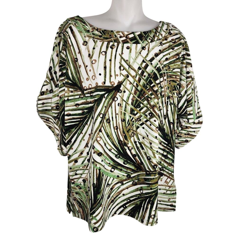 Chicos Womens Palm Frond Motif Jersey Top XL Green Brown Short Dolman Sleeve